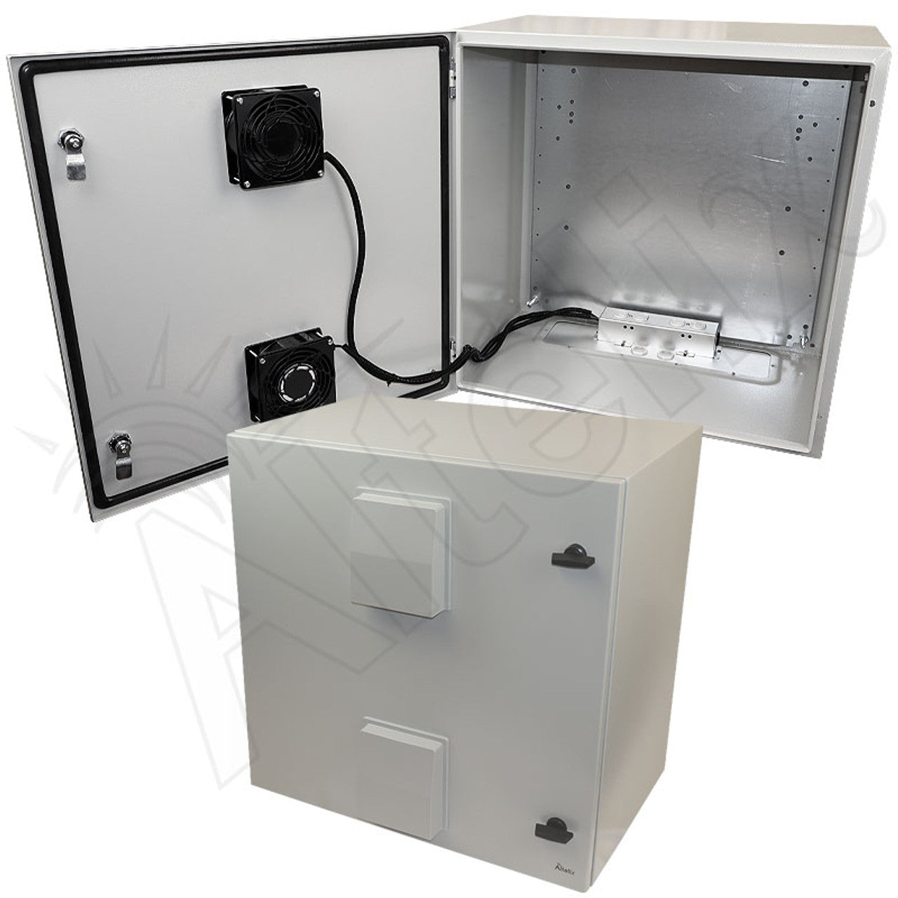 Altelix 24x24x16 Steel Weatherproof NEMA Enclosure with Dual Door Mounted Cooling Fans, Dual 120 VAC Duplex Outlets and Power Cord