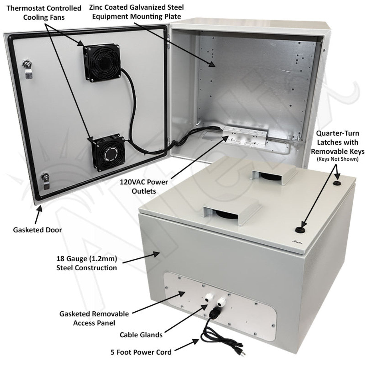 Altelix 24x24x16 Steel Weatherproof NEMA Enclosure with Dual Door Mounted Cooling Fans, Dual 120 VAC Duplex Outlets and Power Cord - 0