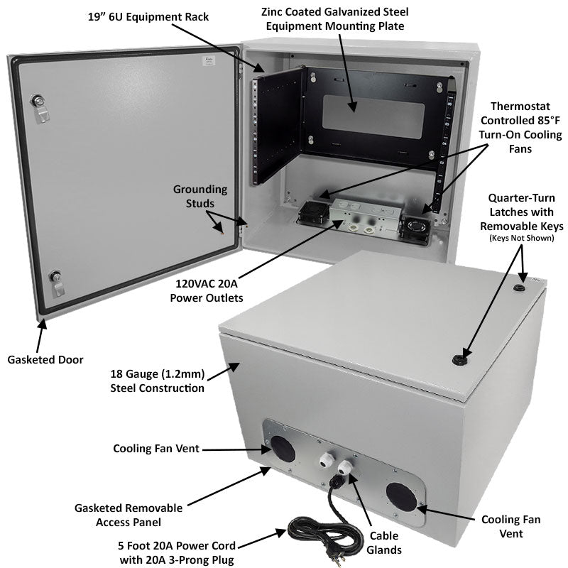 Altelix 24x24x16 120VAC 20A Steel NEMA Enclosure for UPS Power Systems with 19" Wide 6U Rack, 20A Power Outlets, Power Cord & 85°F Turn-On Cooling Fans