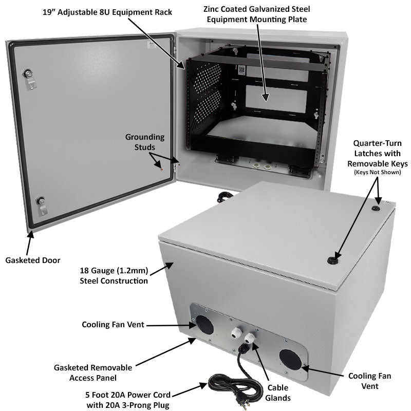 Altelix 120VAC 20A Steel NEMA Enclosure for UPS Power Systems with Heavy Duty 19" Wide Adjustable 8U Rack Frame, 20A Power Outlets, Power Cord & 85°F Turn-On Cooling Fans - 0