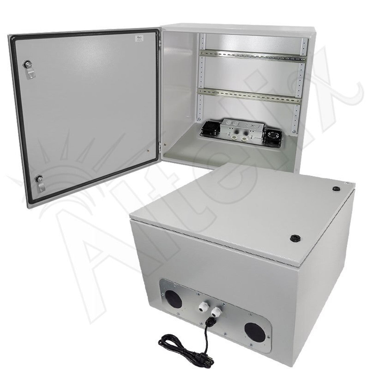 Altelix Industrial DIN Rail Steel Weatherproof NEMA Enclosure with Dual 120 VAC Duplex Outlets, Power Cord & 85°F Turn-On Cooling Fans