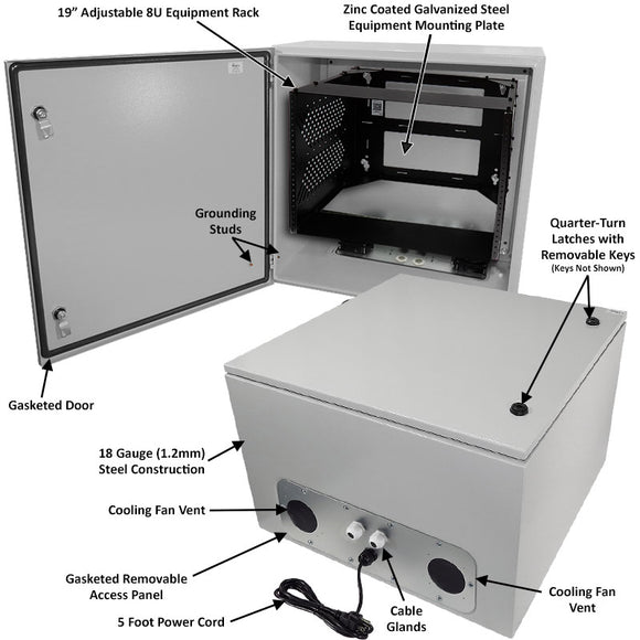 Altelix Steel Weatherproof NEMA Enclosure with Heavy Duty 19" Adjustable 8U Rack Frame, Dual Cooling Fans, Dual 120 VAC Duplex Outlets and Power Cord