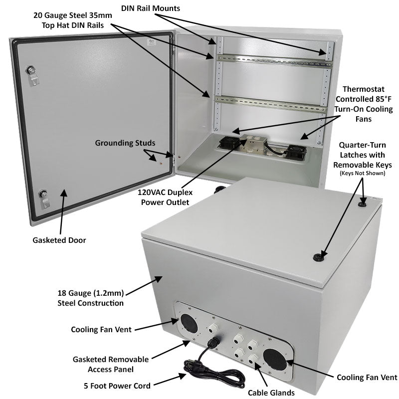 Altelix Industrial DIN Rail Steel Weatherproof NEMA Enclosure with Single 120 VAC Duplex Outlet, Power Cord & 85°F Turn-On Cooling Fans - 0