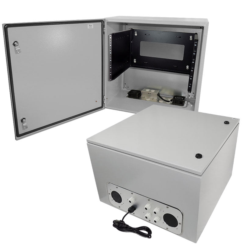 Altelix 19" Wide 6U Rack Steel Weatherproof NEMA Enclosure with Single 120 VAC Duplex Outlet, Power Cord & 85°F Turn-On Cooling Fans