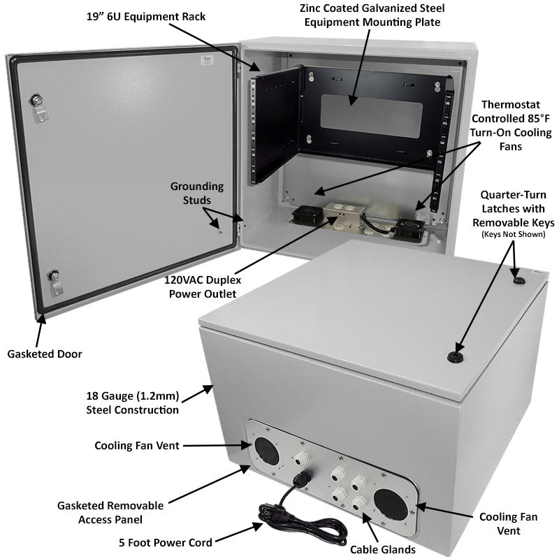 Altelix 19" Wide 6U Rack Steel Weatherproof NEMA Enclosure with Single 120 VAC Duplex Outlet, Power Cord & 85°F Turn-On Cooling Fans