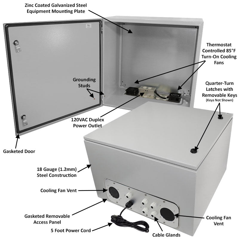 Altelix Steel Weatherproof NEMA Enclosure with Single 120 VAC Duplex Outlet, Power Cord & 85°F Turn-On Cooling Fans