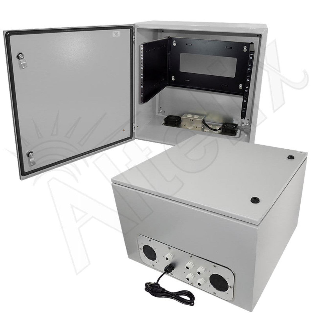 Altelix 24x24x16 19" Wide 6U Rack Steel Weatherproof NEMA Enclosure with Single 120 VAC Duplex Outlet, Power Cord & 85°F Turn-On Cooling Fans