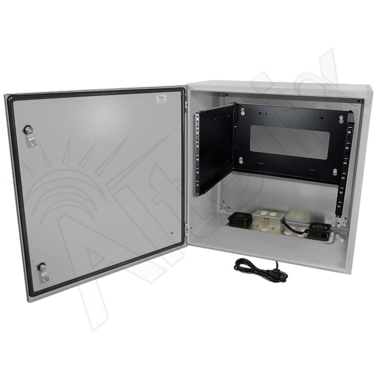 Altelix 24x24x16 19" Wide 6U Rack Steel Weatherproof NEMA Enclosure with Single 120 VAC Duplex Outlet, Power Cord & 85°F Turn-On Cooling Fans