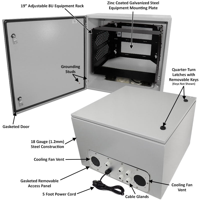 Altelix Weatherproof NEMA Enclosure with Heavy Duty 19" Adjustable 8U Rack Frame, Dual Cooling Fans, Single 120 VAC Duplex Outlet and Power Cord