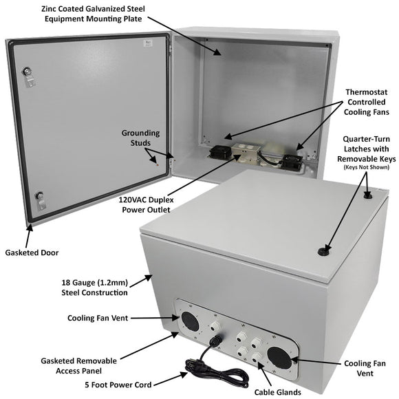 Altelix Steel Weatherproof NEMA Enclosure with Dual Cooling Fans, Single 120 VAC Duplex Outlet and Power Cord