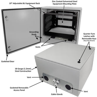 Altelix 24x24x16 Vented Steel Weatherproof NEMA Enclosure with Heavy Duty 19" Wide Adjustable 8U Rack Frame - 0