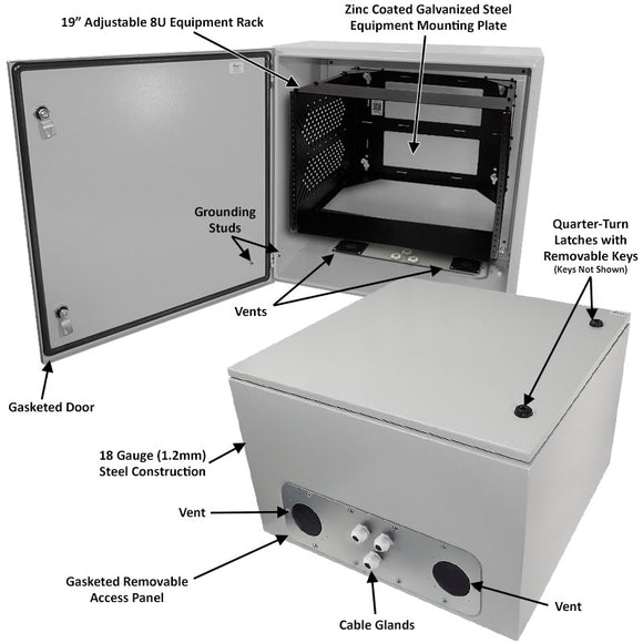 Altelix 24x24x16 Vented Steel Weatherproof NEMA Enclosure with Heavy Duty 19" Wide Adjustable 8U Rack Frame
