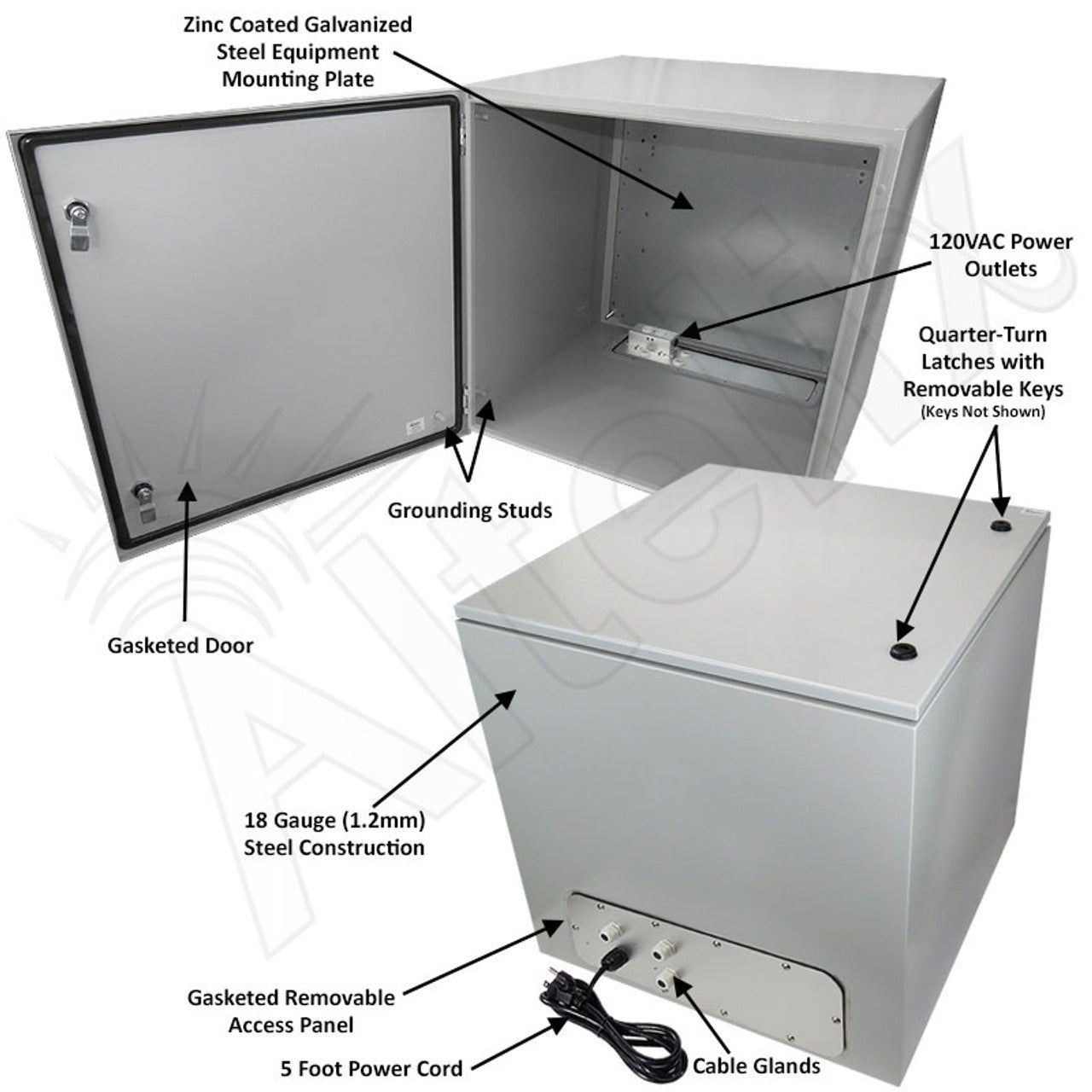 Altelix 24x24x24 NEMA 4X Steel Weatherproof Enclosure with Single 120 VAC Duplex Outlet and Power Cord