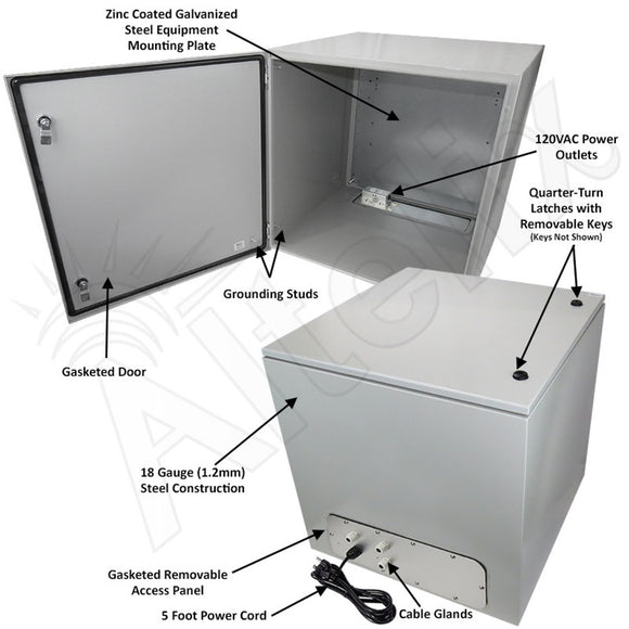 Altelix 24x24x24 NEMA 4X Steel Weatherproof Enclosure with Single 120 VAC Duplex Outlet and Power Cord