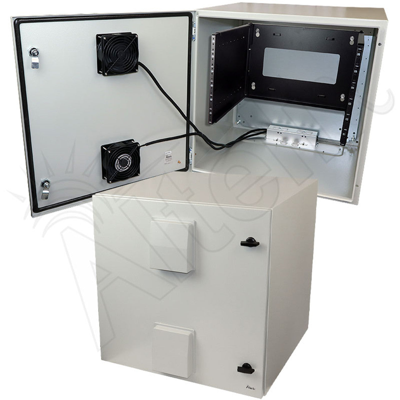 Altelix 24x24x24 Steel Weatherproof NEMA Enclosure with 19" Wide 6U Rack Frame, Dual Door Mounted Cooling Fans, Dual 120 VAC Duplex Outlets and Power Cord