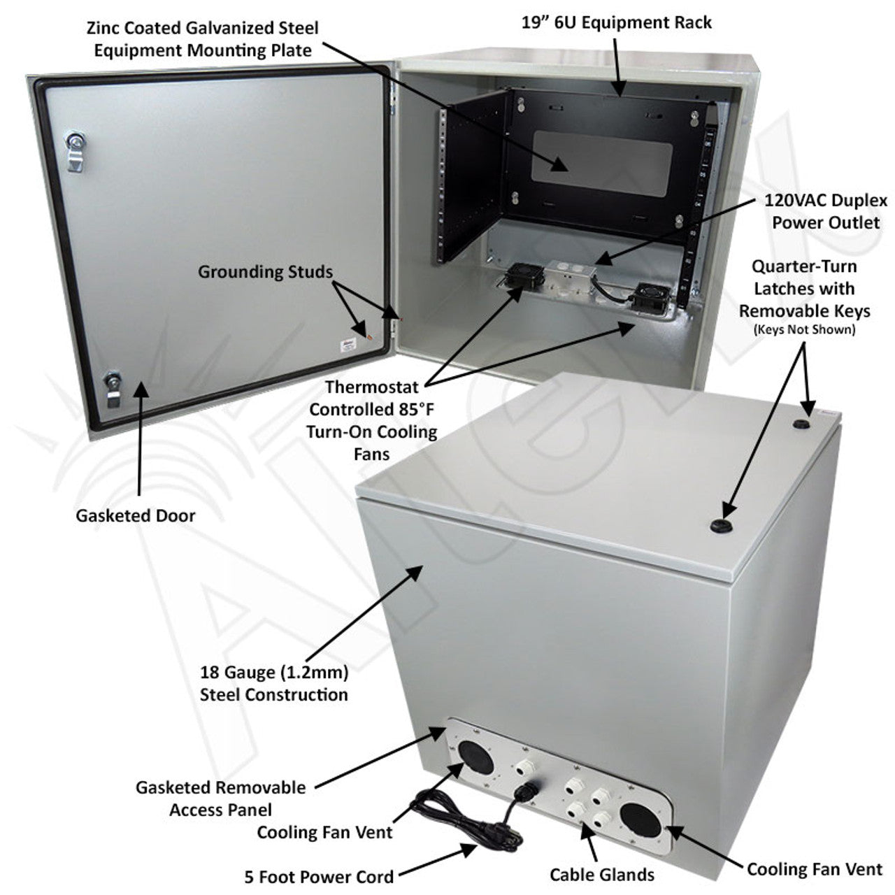 Altelix 24x24x24 19" Wide 6U Rack Steel Weatherproof NEMA Enclosure with Single 120 VAC Duplex Outlet, Power Cord & 85°F Turn-On Cooling Fans