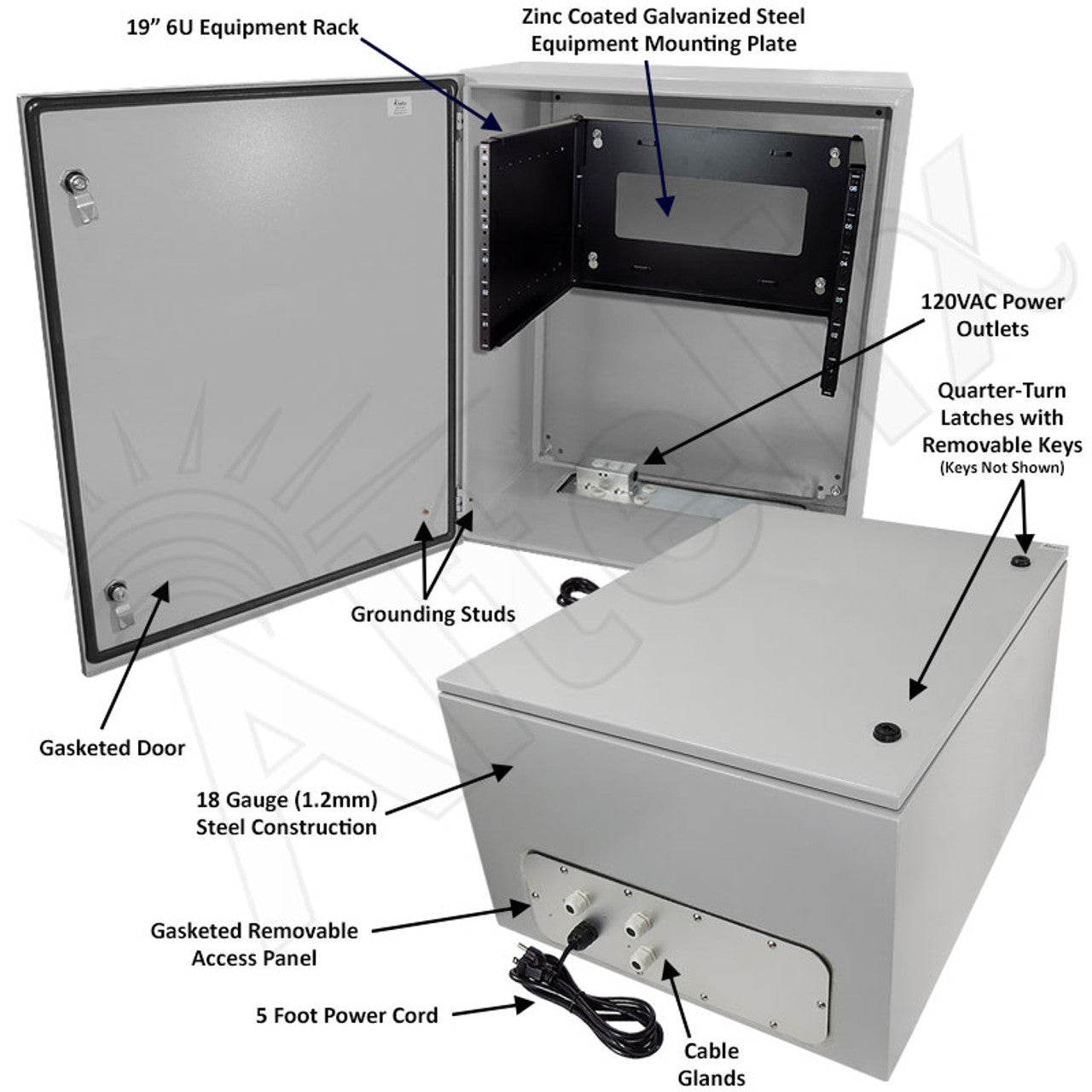 Altelix 28x24x16 19" Wide 6U Rack NEMA 4X Steel Weatherproof Enclosure with Single 120 VAC Duplex Outlet and Power Cord - 0