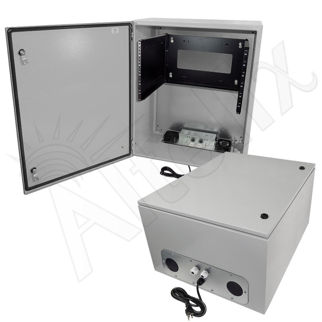 Altelix 24x24x16 120VAC 20A Steel NEMA Enclosure for UPS Power Systems with 19" Wide 6U Rack, 20A Power Outlets, Power Cord & 85°F Turn-On Cooling Fans