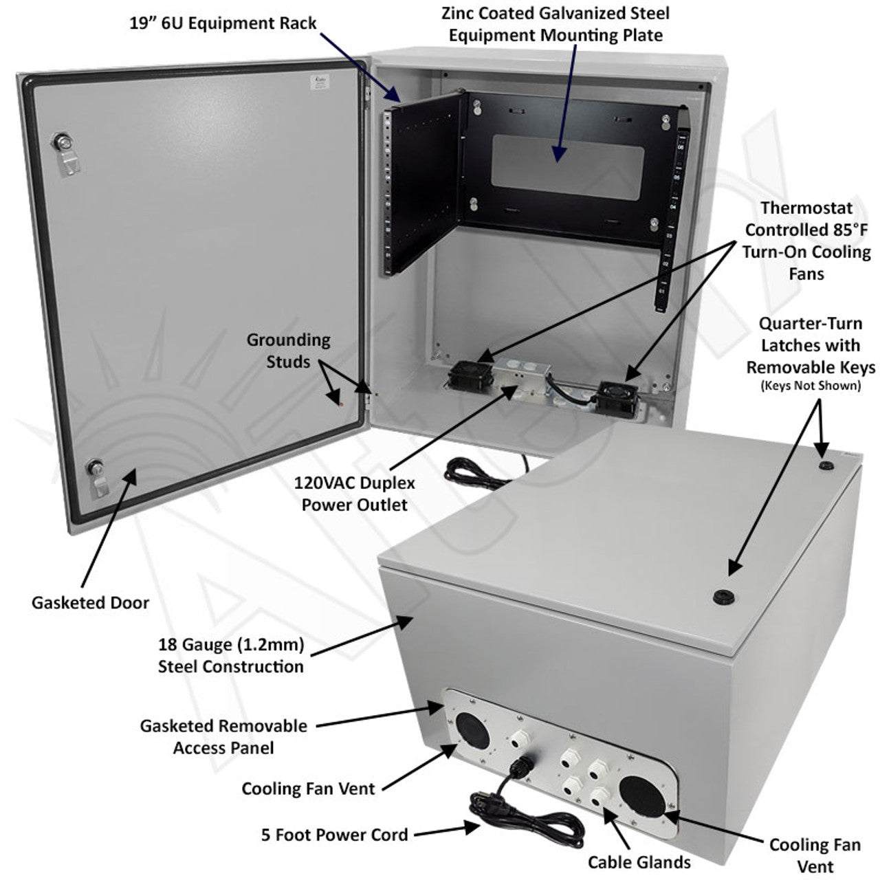 Altelix 28x24x16 19" Wide 6U Rack Steel Weatherproof NEMA Enclosure with Single 120 VAC Duplex Outlet, Power Cord & 85°F Turn-On Cooling Fans