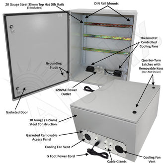 Altelix Industrial DIN Rail Steel Weatherproof NEMA Enclosure with Dual Cooling Fans, Single 120 VAC Duplex Outlet and Power Cord