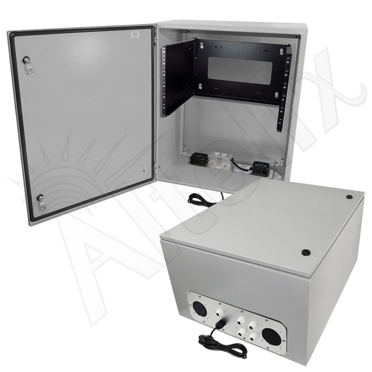 Altelix 28x24x16 19" Wide 6U Rack Steel Weatherproof NEMA Enclosure with Single 120 VAC Duplex Outlet, Power Cord & 85°F Turn-On Cooling Fans