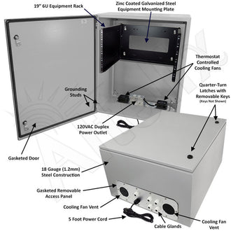 Altelix 28x24x16 Steel Weatherproof NEMA Enclosure with Heavy Duty 19" Adjustable 6U Rack Frame, Single 120 VAC Duplex Outlet, Power Cord & 85°F Turn-On Cooling Fans - 0
