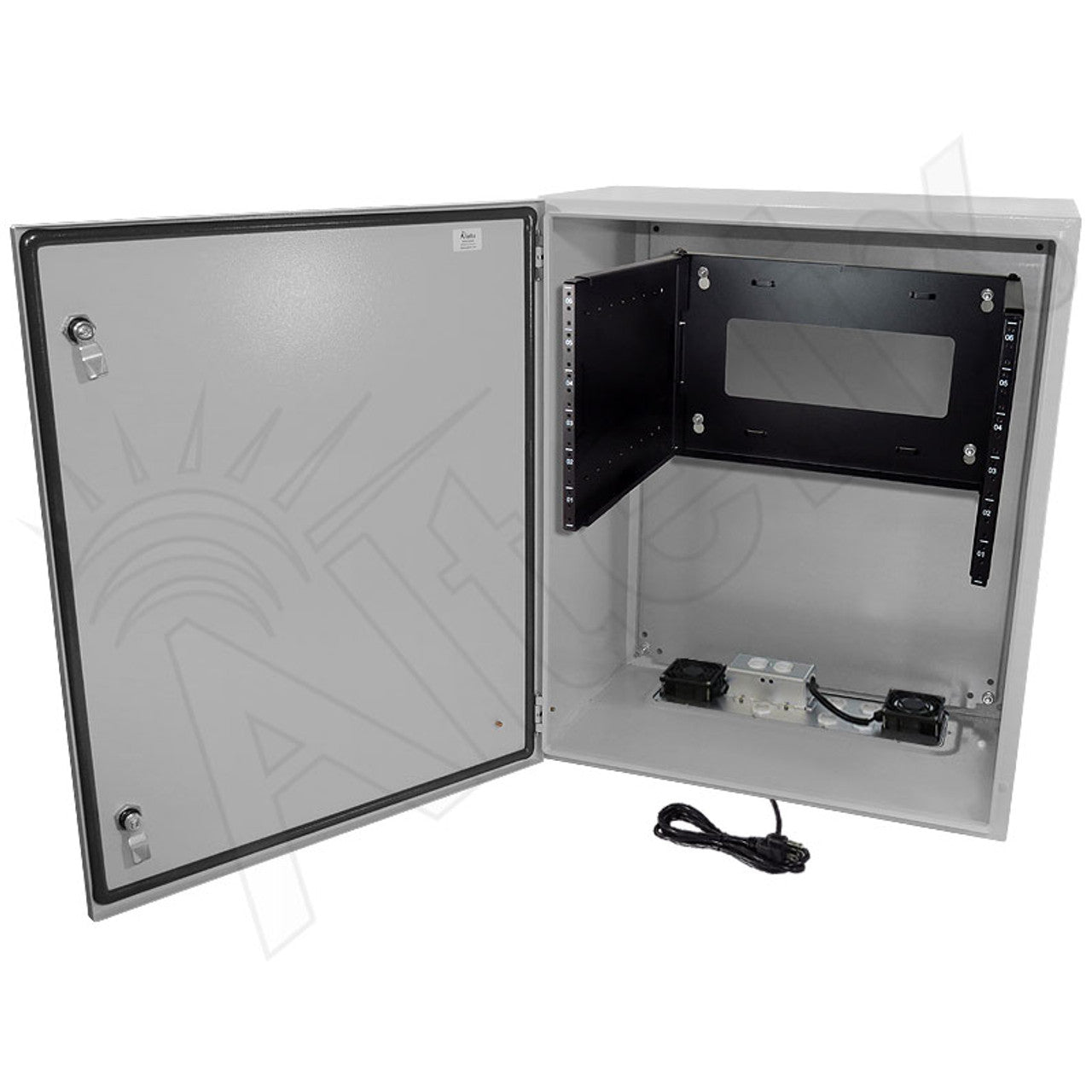 Altelix 28x24x16 19" Wide 6U Rack Steel Weatherproof NEMA Enclosure with Single 120 VAC Duplex Outlet, Power Cord & 85°F Turn-On Cooling Fans