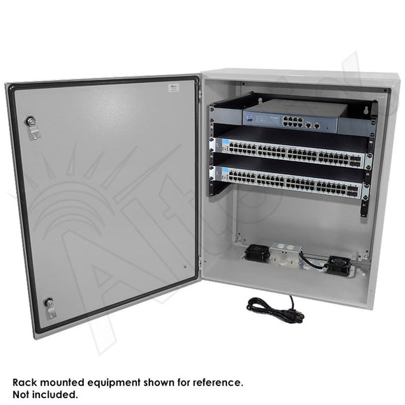 Altelix 28x24x16 Steel Weatherproof NEMA Enclosure with Heavy Duty 19" Adjustable 6U Rack Frame, Single 120 VAC Duplex Outlet, Power Cord & 85°F Turn-On Cooling Fans