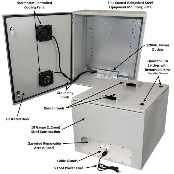 Altelix Steel Weatherproof NEMA Enclosure with Dual Door Mounted Cooling Fans + Optional Bottom Fans, Dual 120 VAC Duplex Outlets and Power Cord