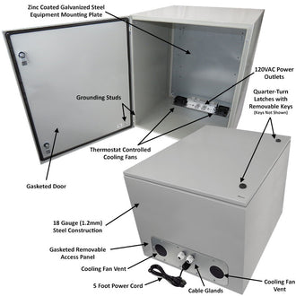 Altelix Steel Weatherproof NEMA Enclosure with Dual Cooling Fans, Dual 120 VAC Duplex Outlets and Power Cord