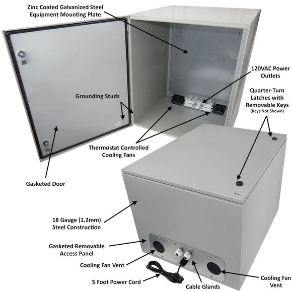 Altelix Steel Weatherproof NEMA Enclosure with Dual Cooling Fans, Dual 120 VAC Duplex Outlets and Power Cord
