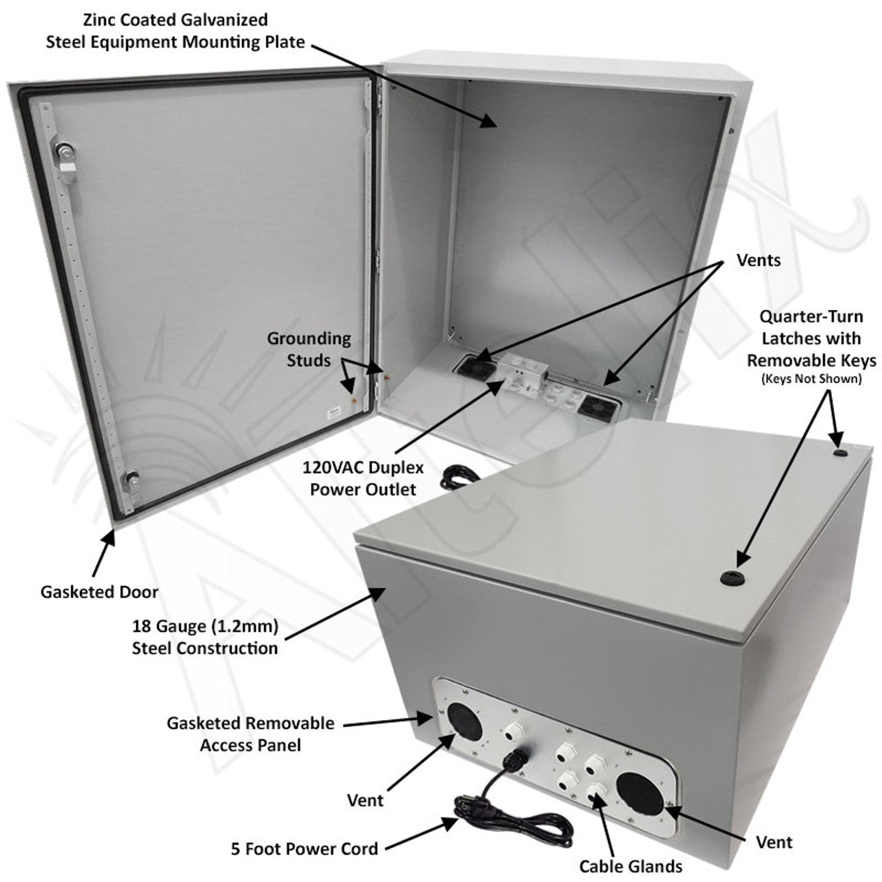 Altelix 32x24x16 Vented Steel Weatherproof NEMA Enclosure with Single 120 VAC Duplex Outlet and Power Cord - 0