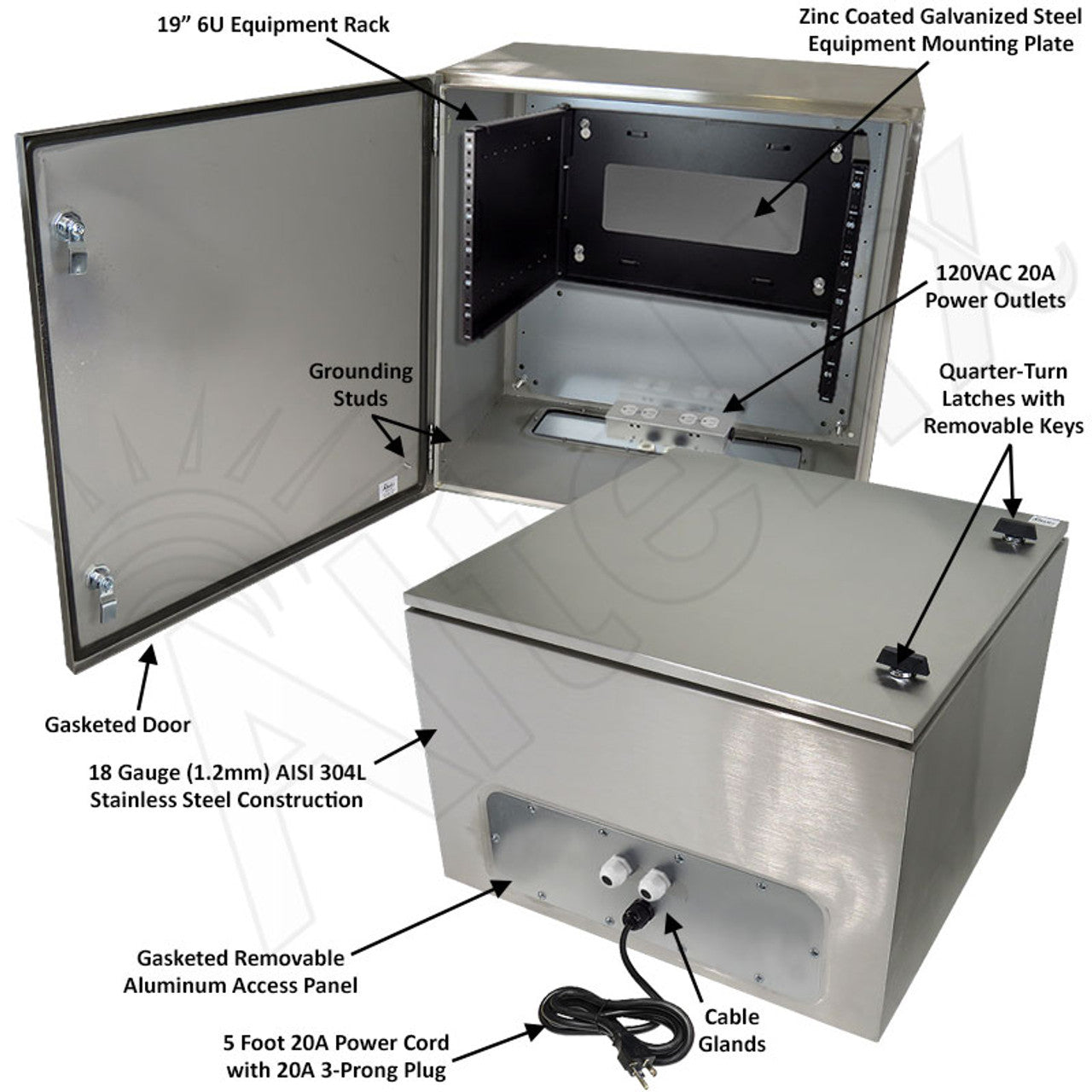 Altelix 24x24x16 120VAC 20A Stainless Steel NEMA 4X Enclosure for UPS Power Systems with 19" Wide 6U Rack, 20A Power Outlets and Power Cord - 0