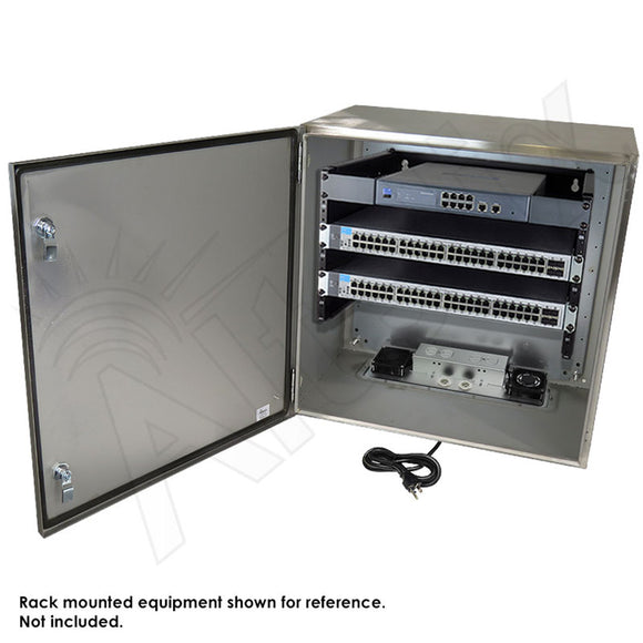 Altelix 24x24x16 120VAC 20A Stainless Steel NEMA Enclosure for UPS Power Systems with 19" Wide 6U Rack, 20A Power Outlets, Power Cord & 85°F Turn-On Cooling Fans