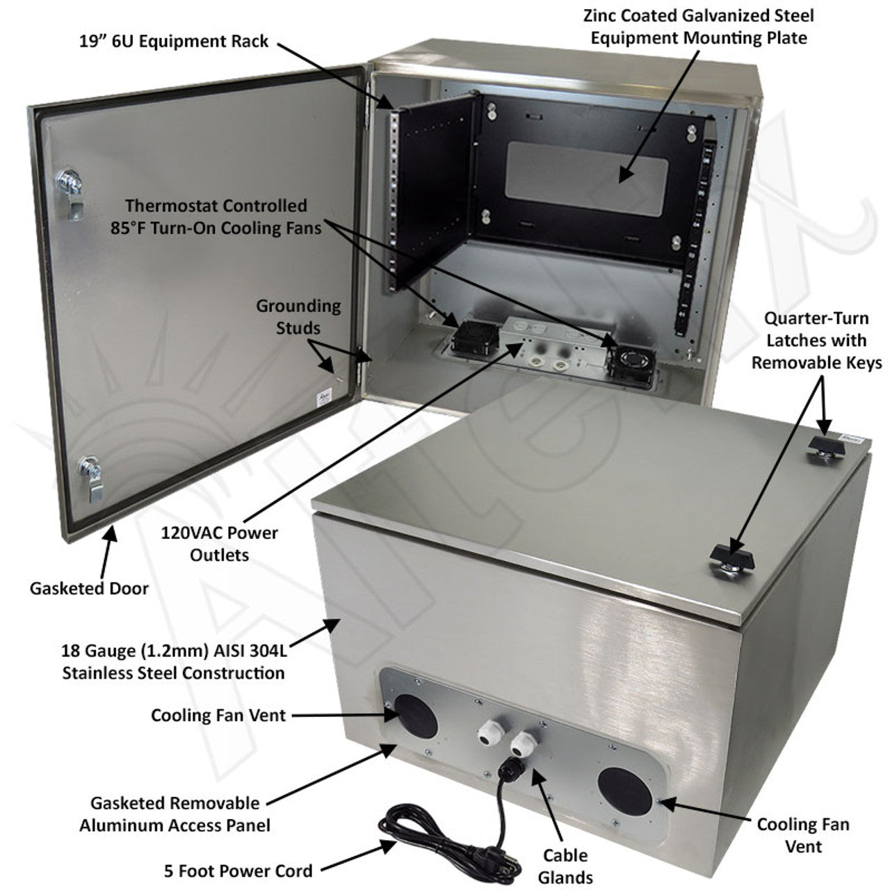 Altelix 24x24x16 19" Wide 6U Rack Stainless Steel Weatherproof NEMA Enclosure with 120 VAC Outlets, Power Cord & 85°F Turn-On Cooling Fans