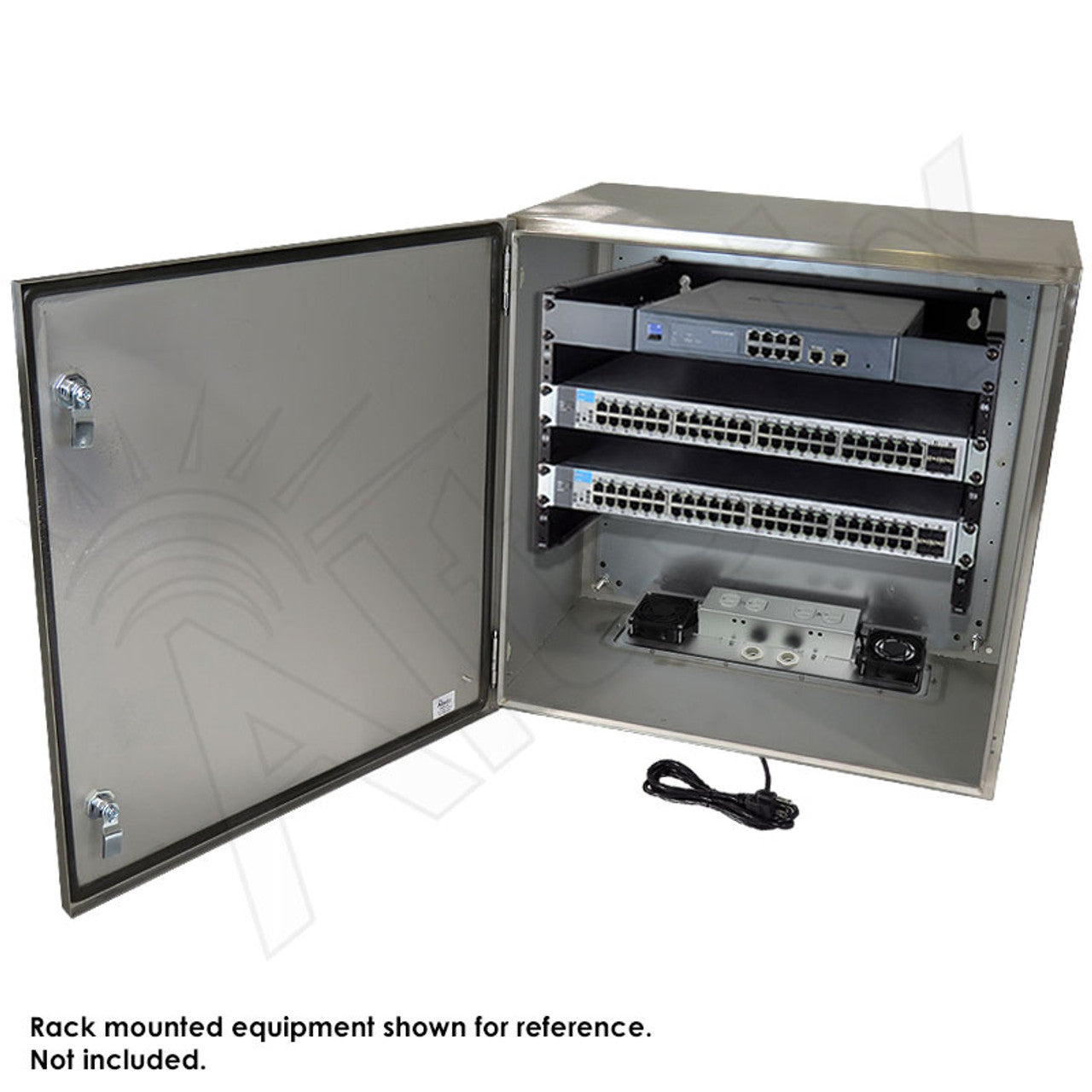 Altelix 24x24x16 19" Wide 6U Rack Stainless Steel Weatherproof NEMA Enclosure with 120 VAC Outlets, Power Cord & 85°F Turn-On Cooling Fans