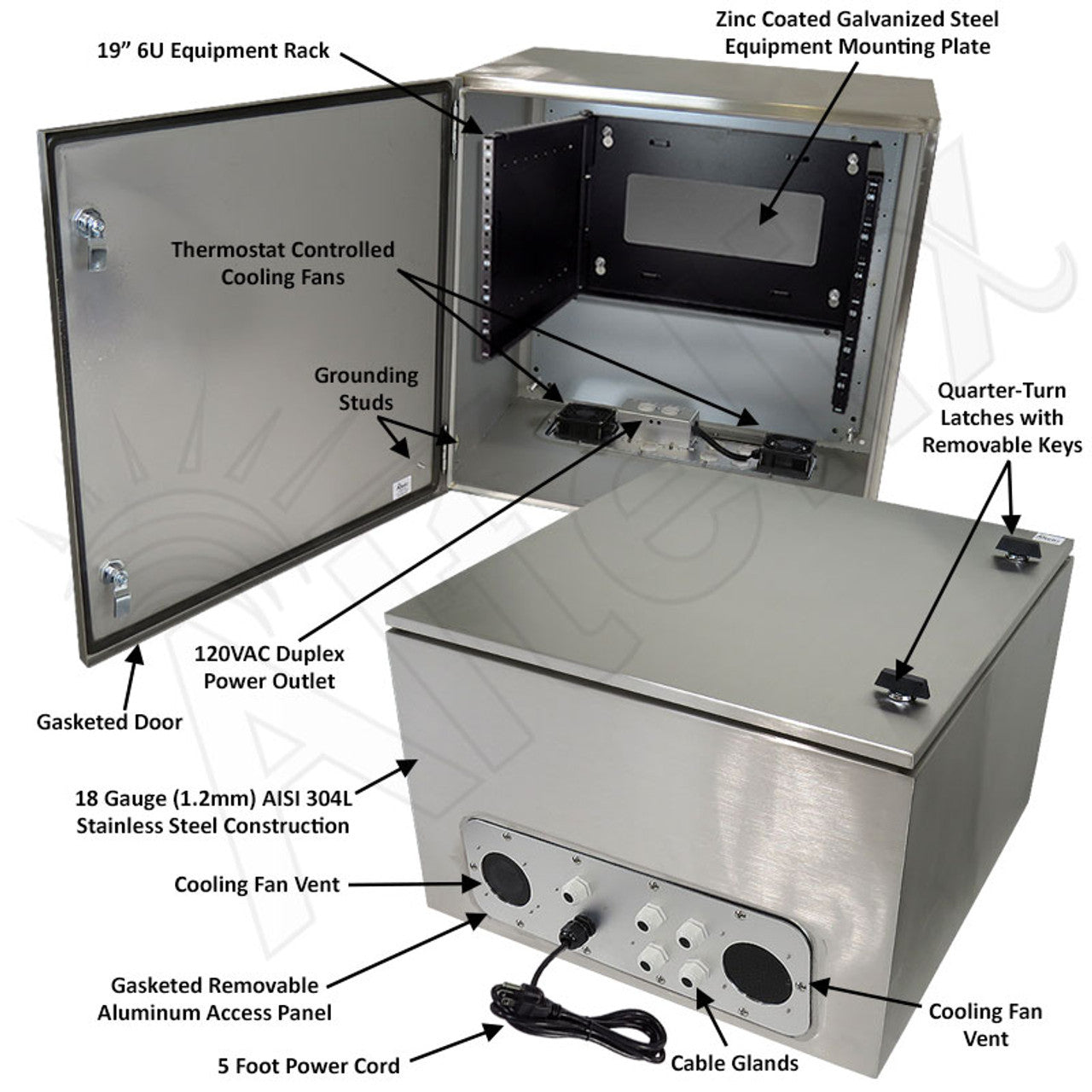 Altelix 24x24x16 19" Wide 6U Rack Stainless Steel Weatherproof NEMA Enclosure with Dual Cooling Fans, Single 120 VAC Duplex Outlet and Power Cord - 0