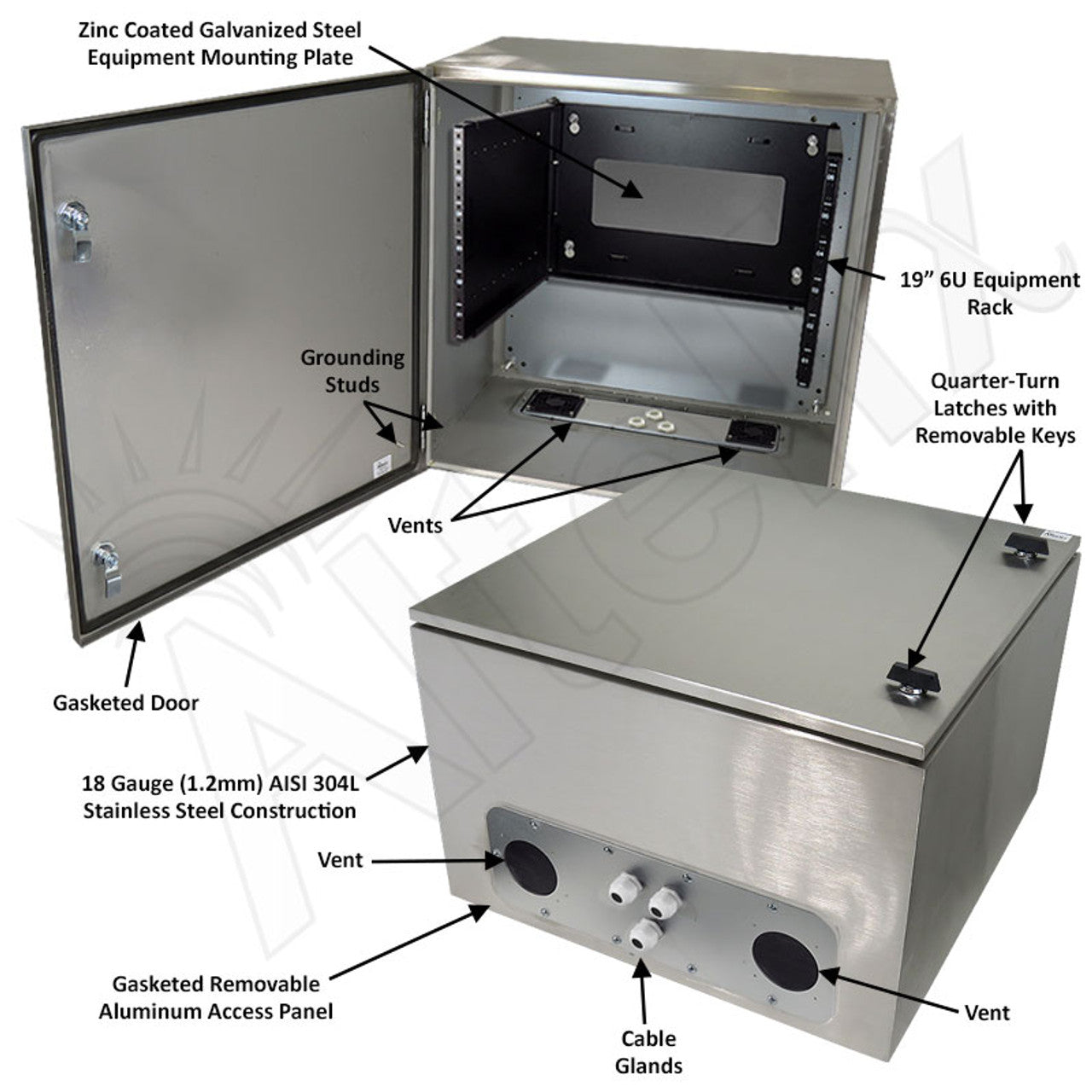 Altelix 24x24x16 Vented 19" Wide 6U Rack Stainless Steel Weatherproof NEMA Enclosure