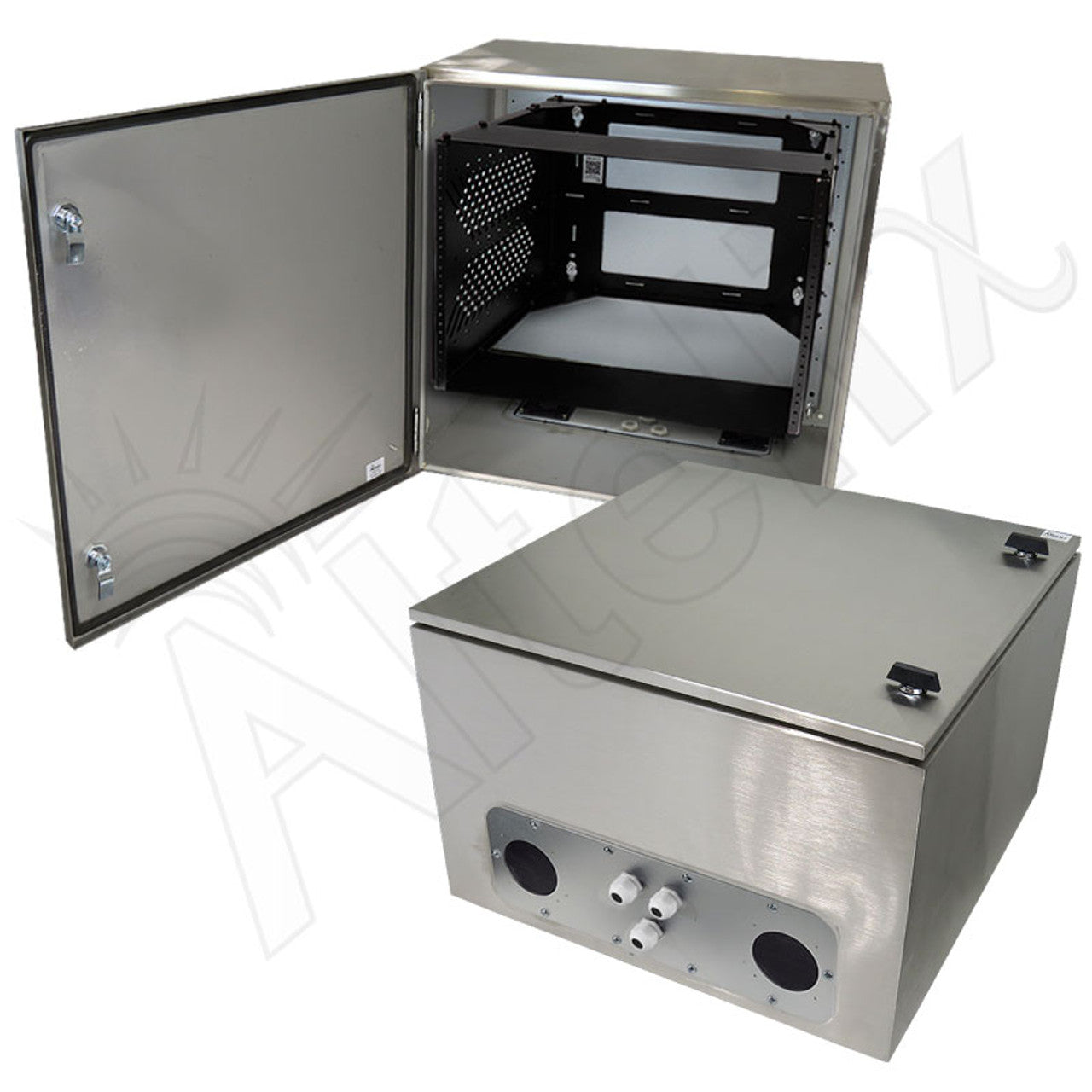 Altelix 24x24x16 Vented Stainless Steel Weatherproof NEMA Enclosure with Heavy Duty 19" Wide Adjustable 8U Rack Frame