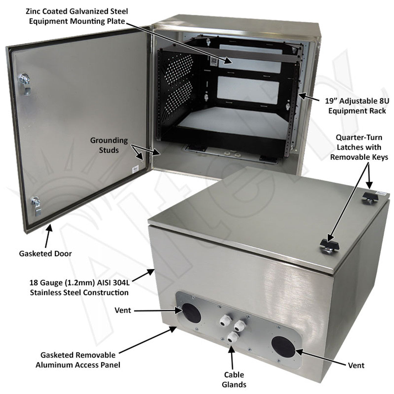 Altelix 24x24x16 Vented Stainless Steel Weatherproof NEMA Enclosure with Heavy Duty 19" Wide Adjustable 8U Rack Frame