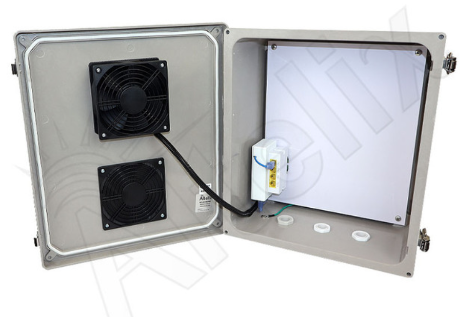 Altelix 14x12x6 PoE Powered Fiberglass Weatherproof Vented NEMA Enclosure with Cooling Fan & 2-Port PoE Power Splitter