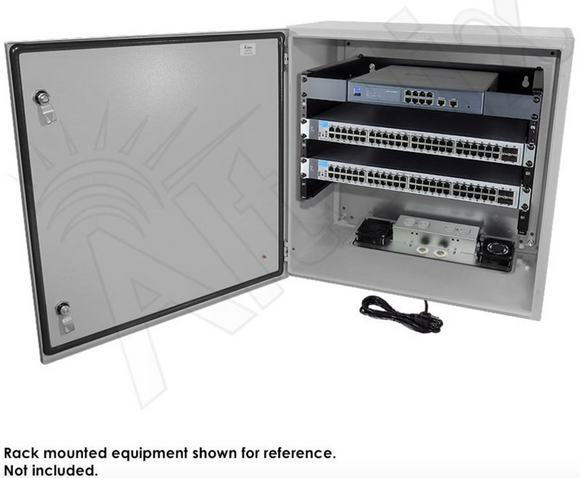 Altelix 6U Rack Steel Weatherproof NEMA Enclosure with Dual 120 VAC Duplex Outlets, Power Cord & 85°F Turn-On Cooling Fans