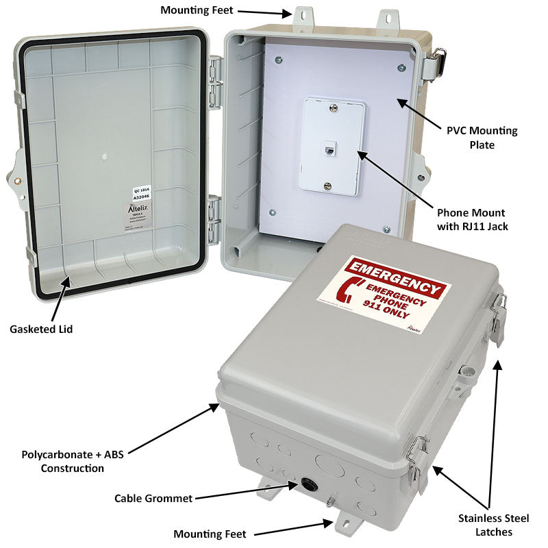 Altelix 12x9x7 IP66 NEMA 4X Outdoor Weatherproof Emergency Phone Call Box with Emergency Phone Label