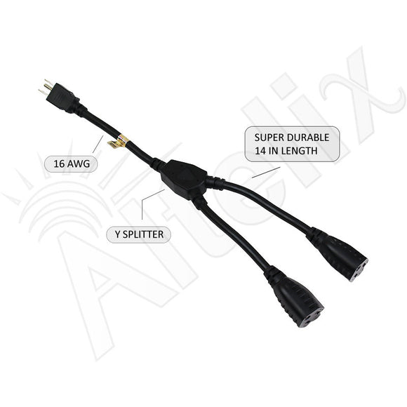 Altelix 2-Outlet Power Splitter Cord, 14-Inch Grounded 3-Prong Extension (Black)