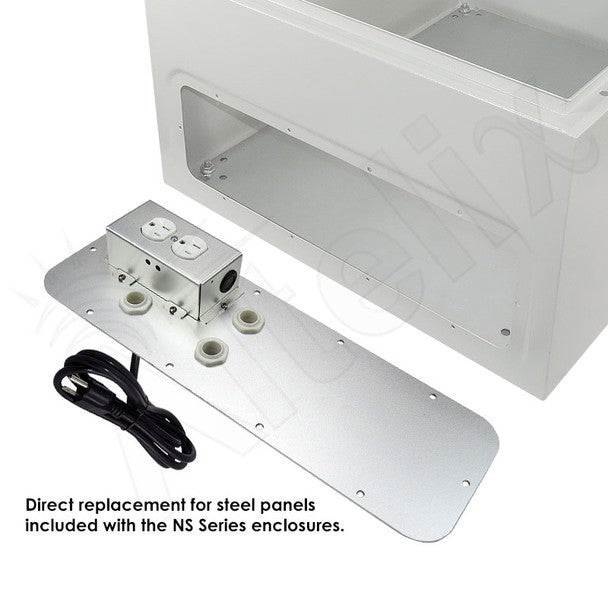 Altelix 24x24x24 Steel Weatherproof NEMA Enclosure with 19" Wide 6U Rack Frame, Dual Door Mounted Cooling Fans, Dual 120 VAC Duplex Outlets and Power Cord - 0