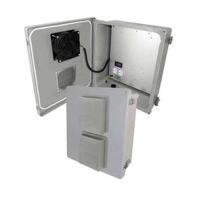 Altelix Fiberglass Weatherproof Vented NEMA Enclosure with 120 VAC Outlets and Cooling Fan with Digital Temperature Controller
