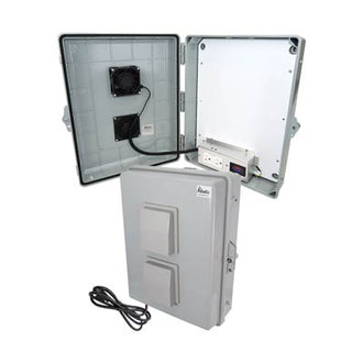 Altelix 17x14x6 Polycarbonate + ABS Vented RF Transparent Outdoor WiFi Enclosure with No-Drill PVC Equipment Mounting Plate, 120 VAC Outlets, Power Cord & Cooling Fan with Digital Temperature Controller