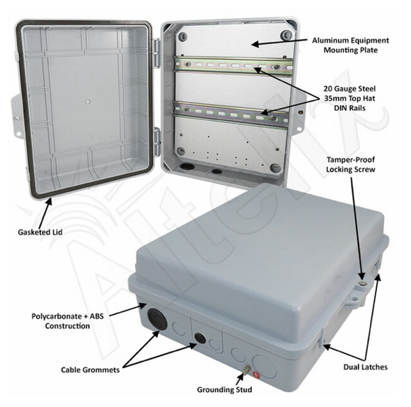 Altelix 14x11x5 PC + ABS Weatherproof DIN Rail NEMA Enclosure with Hinged Door
