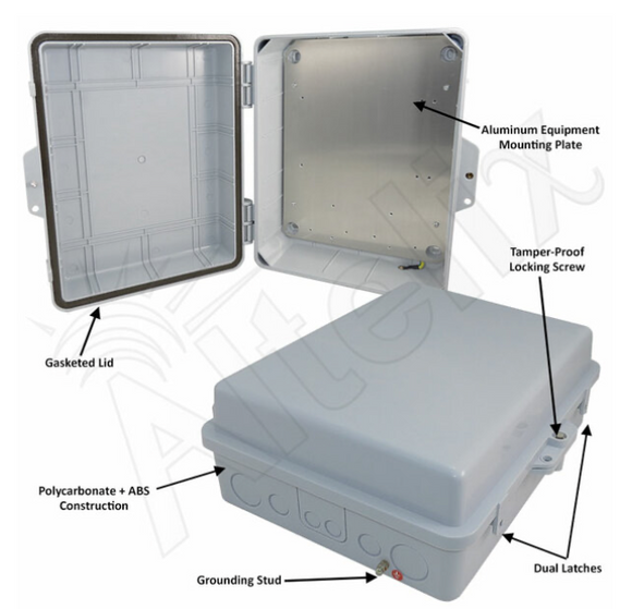 Altelix 14x11x5 PC + ABS Weatherproof NEMA Enclosure with Hinged Door & Aluminum Mounting Plate