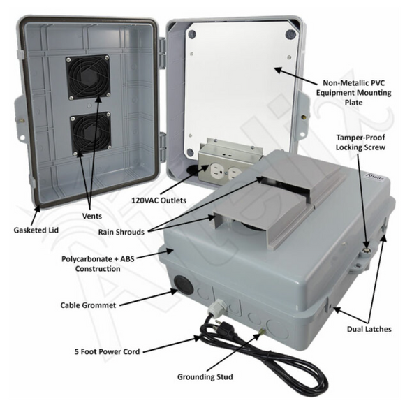 Altelix 14x11x5 Polycarbonate + ABS Vented RF Transparent Outdoor WiFi Enclosure with No-Drill PVC Equipment Mounting Plate, 120 VAC Outlets & Power Cord
